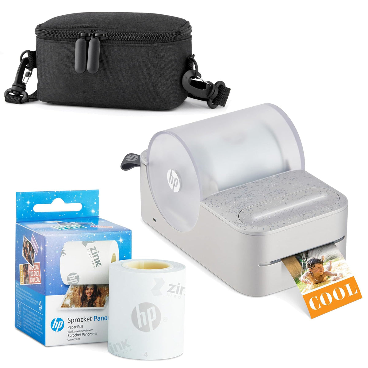 HP Sprocket Panorama front view with case for on-the-go printing.