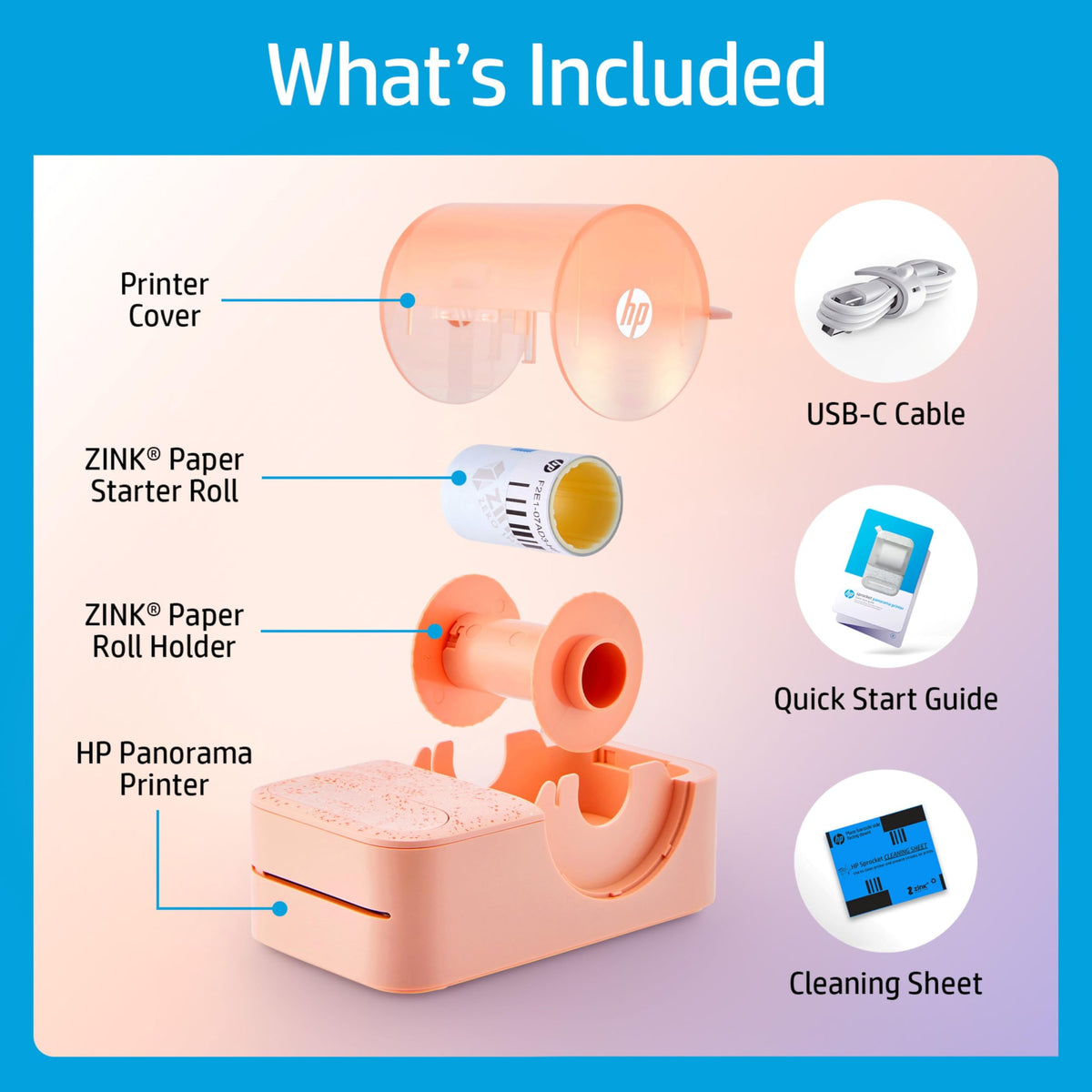 HP Sprocket Panorama pink starter prints vibrant photos at home on sticky-backed paper.