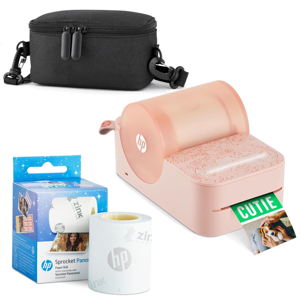 HP Sprocket Panorama pink starter bundle case keeps accessories organized.