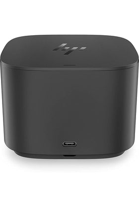 HP Thunderbolt Dock front view showing ports and compact design for decluttered desk