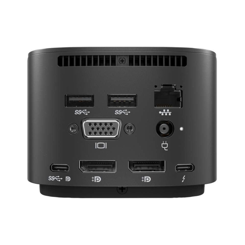 HP dock connected to laptop with monitors showing streamlined workstation benefit
