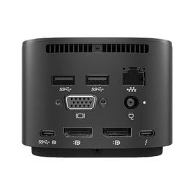 HP dock connected to laptop with monitors showing streamlined workstation benefit