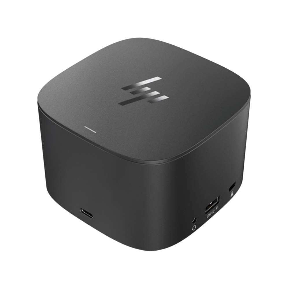 HP top and side profile of dock highlighting compact black design for tidy desks