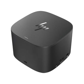HP top and side profile of dock highlighting compact black design for tidy desks