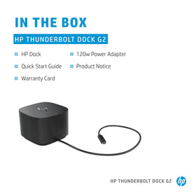 HP Thunderbolt Dock on a workstation with laptop and monitors showing single-cable convenience