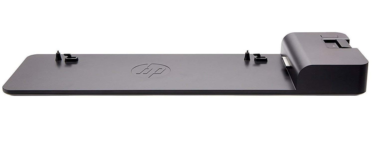 HP UltraSlim dock front view showing slim profile and benefits of compact desktop ports