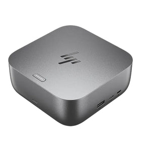 HP USB-C 100W G6 Dock back-panel ports create a tidy workspace.