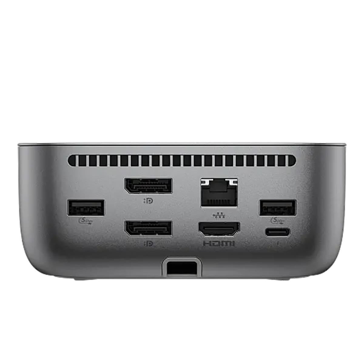 HP USB-C 100W G6 Dock back panel shows HDMI, DP, USB-C, USB-A layout.