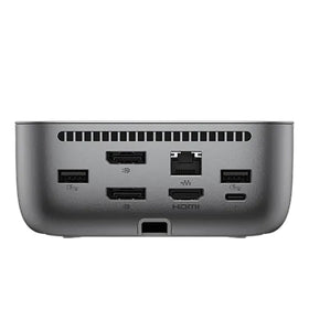 HP USB-C 100W G6 Dock back panel shows HDMI, DP, USB-C, USB-A layout.