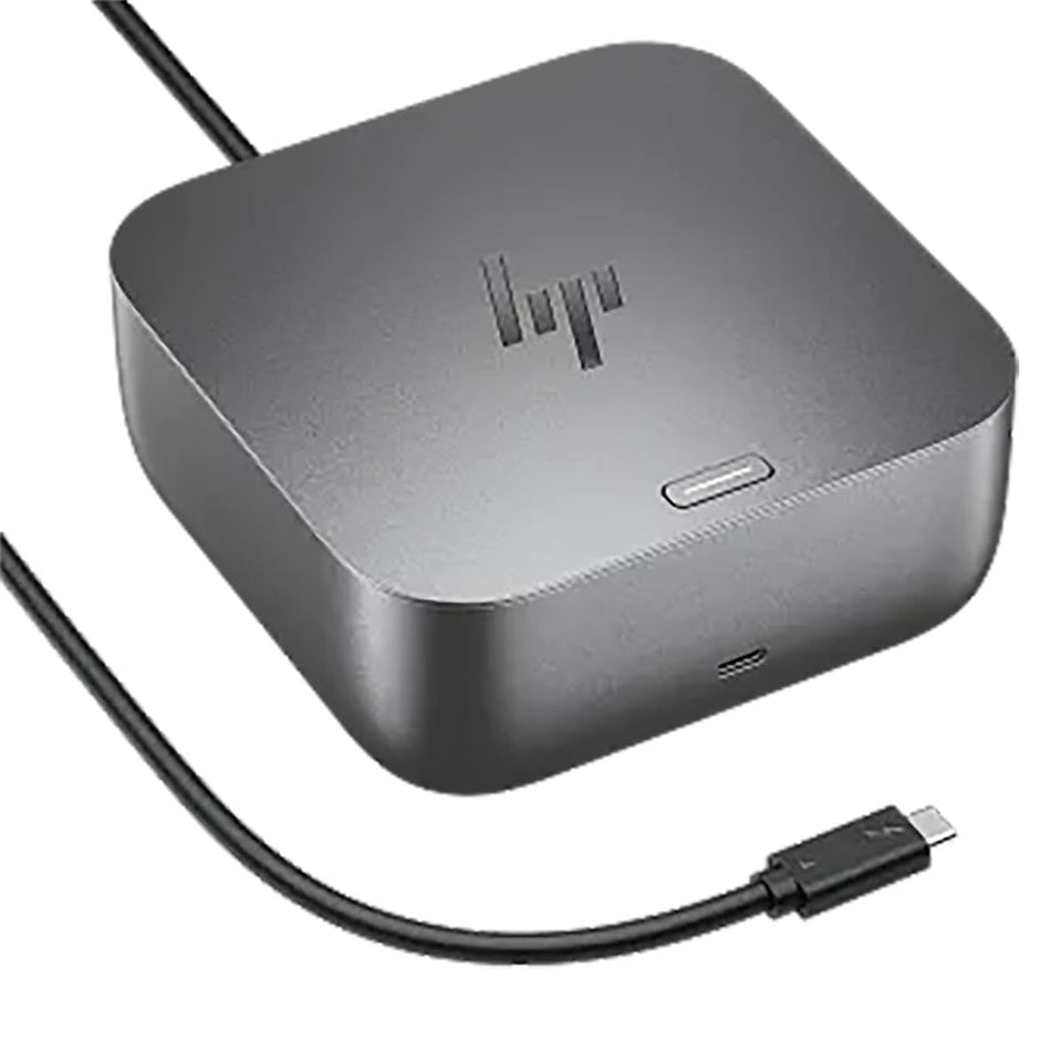 HP USB-C 100W G6 Dock front view, compact hub for a clutter-free desk setup.
