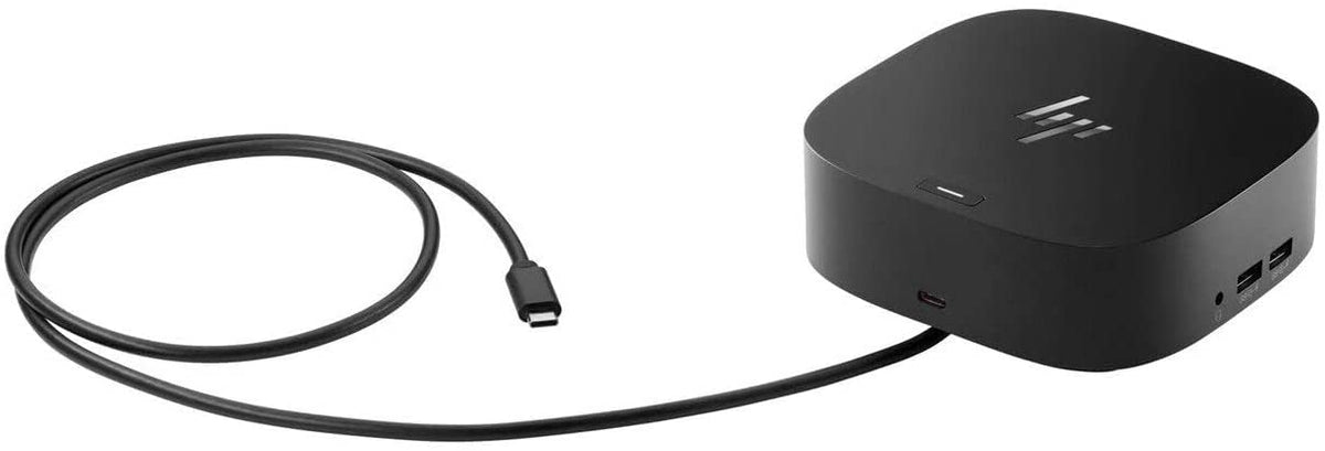 HP dock front view showing clean profile and easy placement benefit