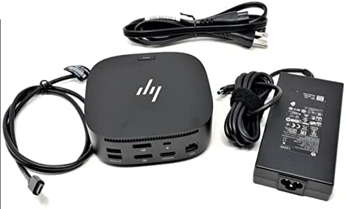 HP dock with renewed badge and packaging indicating verified refurbished condition