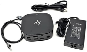 HP dock with renewed badge and packaging indicating verified refurbished condition