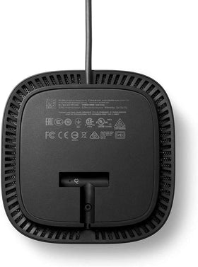 HP dock beside ruler showing compact dimensions for small desks