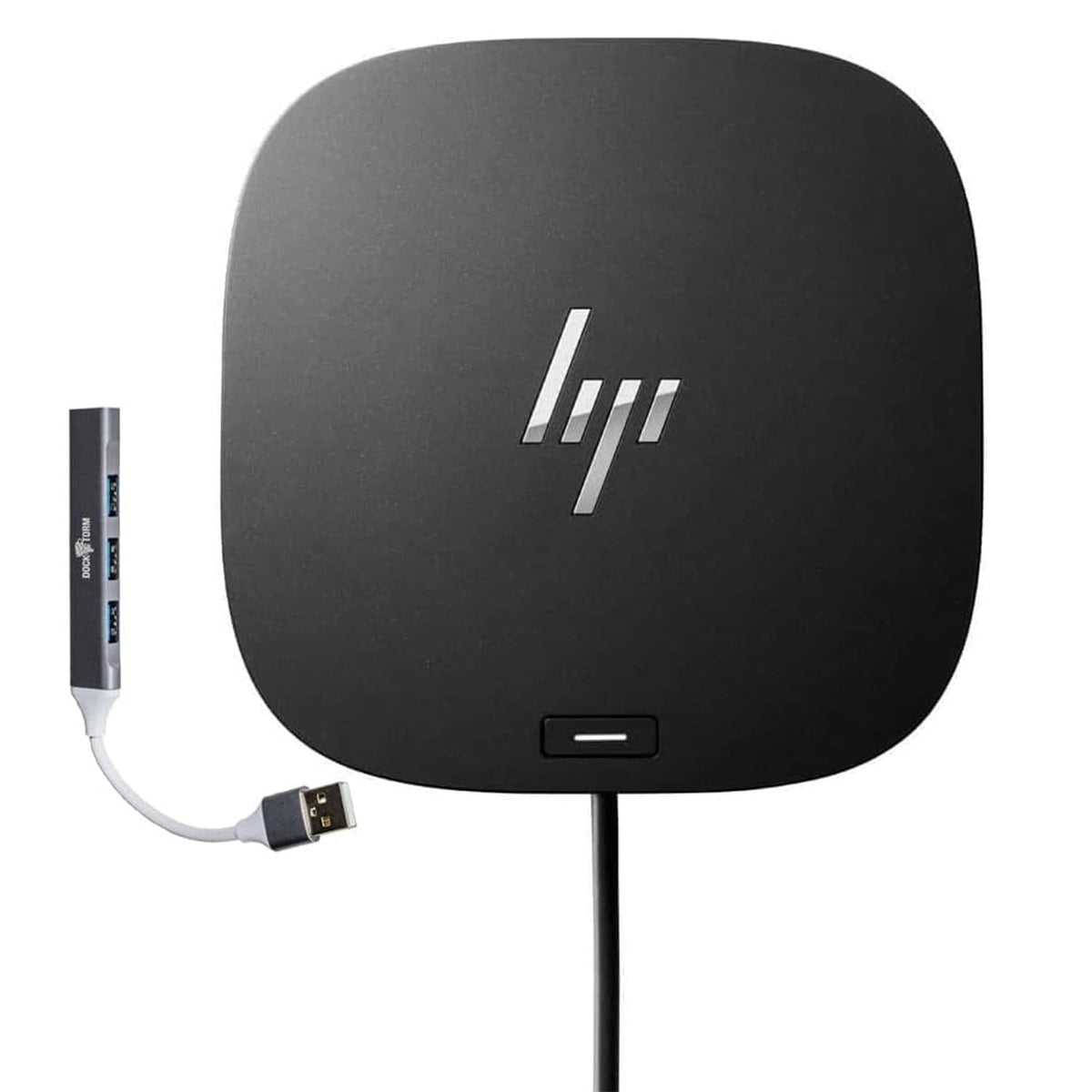 HP USB-C Essential Dock G5 front view for a compact, clutter-free workspace.