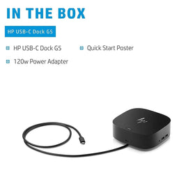 HP USB-C Essential Dock G5 power supply keeps devices charged while reducing clutter.
