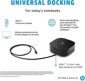 HP USB-C G5 Essential Dock with multi-monitor setup for professional productivity