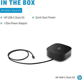 HP USB-C G5 Essential Dock renewed packaging and warranty information visible