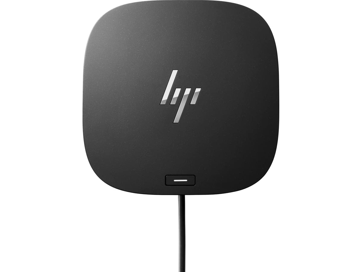 HP USB-C G5 Essential Dock setup view showing compact footprint for tidy desks