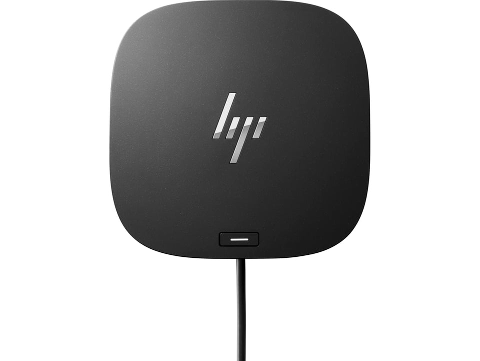 HP USB-C G5 Essential Dock setup view showing compact footprint for tidy desks