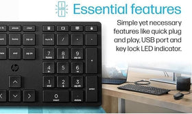 HP 320K keyboard packaging image emphasizes eco-friendly materials and black finish.