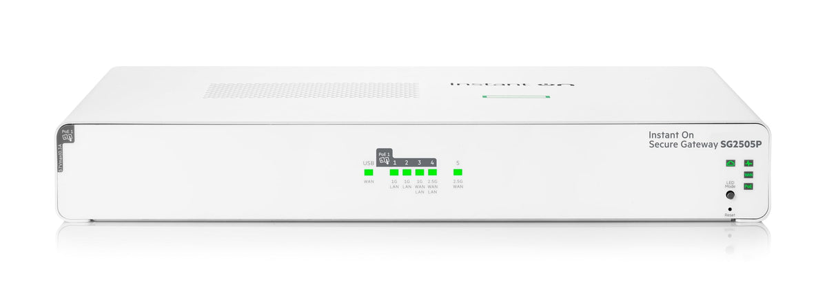 HPE SG2505P back panel shows WAN, LAN, and PoE power options