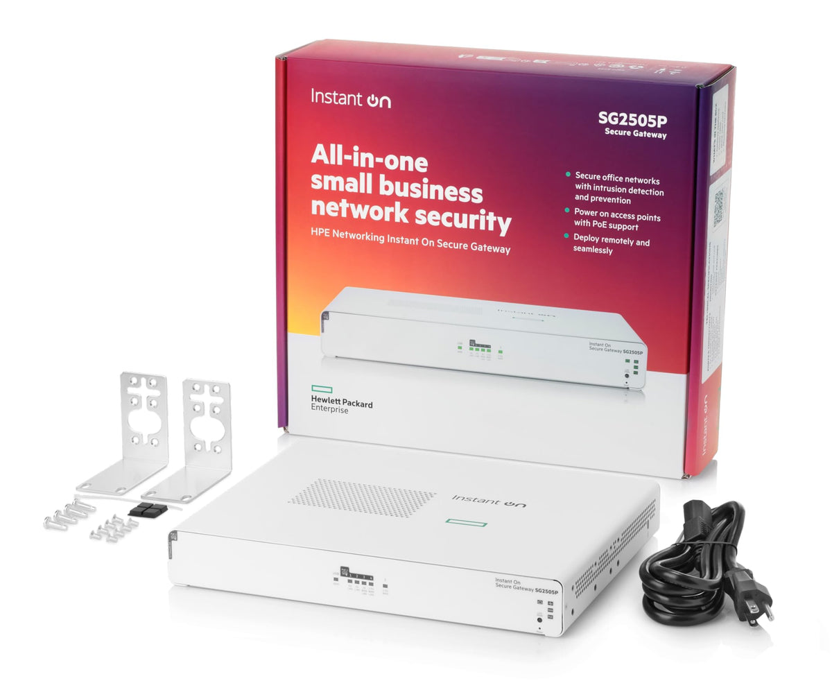 HPE SG2505P front view showing compact gateway with 5 ports and 2.5G capability
