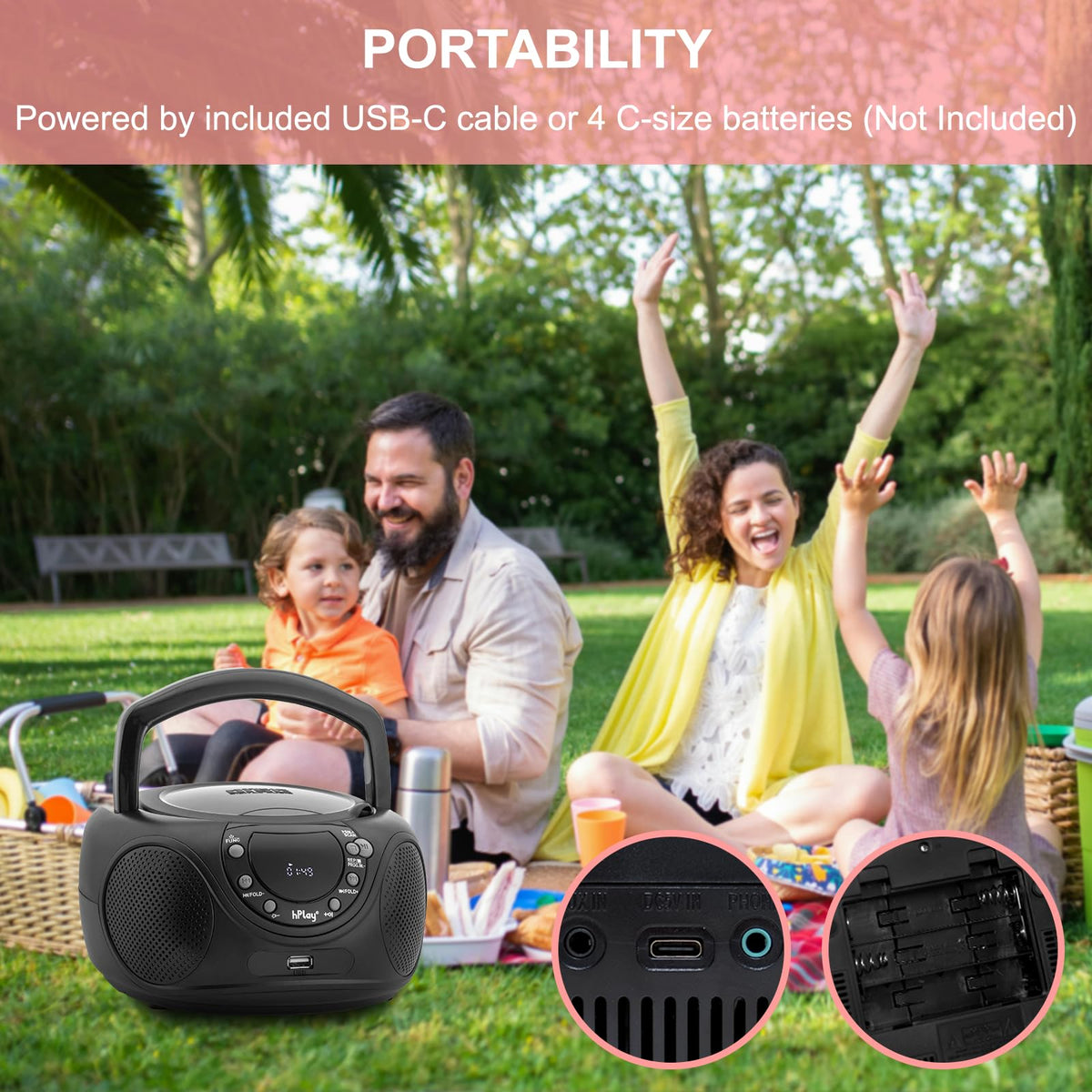 hPlay aux USB and headphone ports detail for versatile connectivity benefit