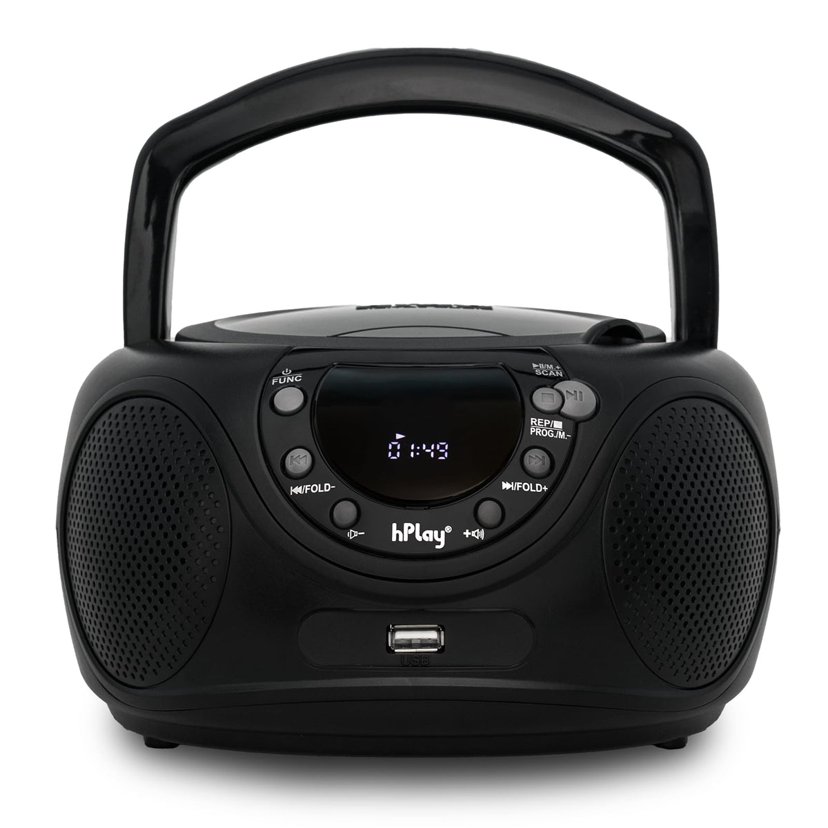 hPlay boombox front panel showing speakers and display, clear playback benefit