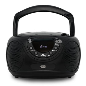 hPlay boombox front panel showing speakers and display, clear playback benefit
