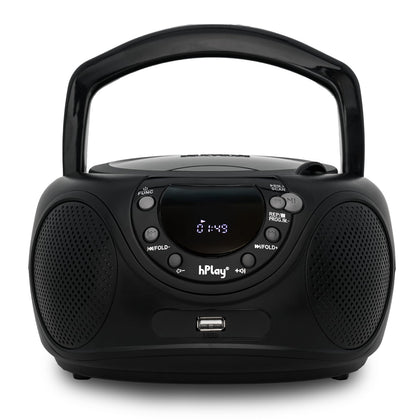 hPlay boombox front panel showing speakers and display, clear playback benefit