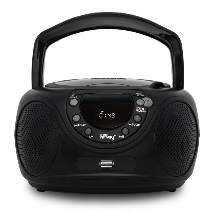 hPlay boombox front panel showing speakers and display, clear playback benefit