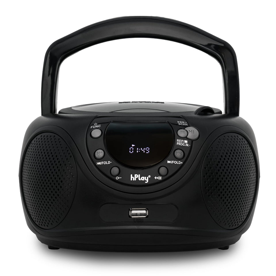 hPlay boombox front panel showing speakers and display, clear playback benefit