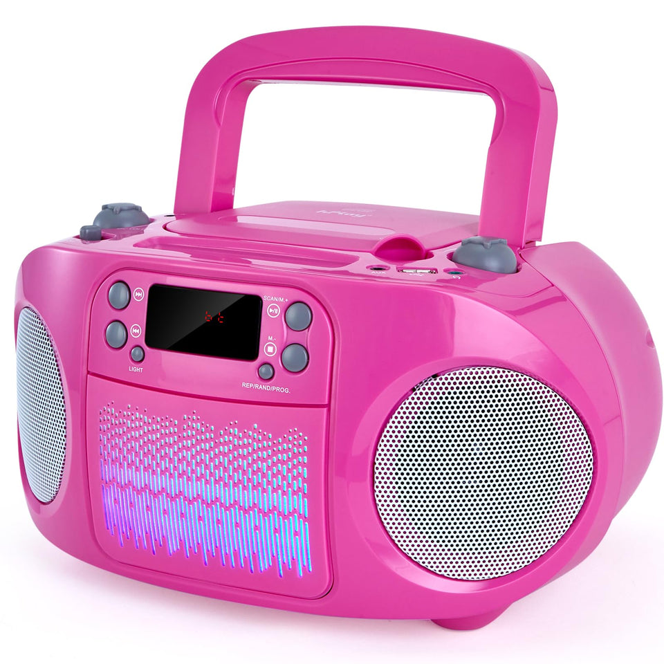 hPlay Kids portable CD player front view, compact pink design for easy reach by children