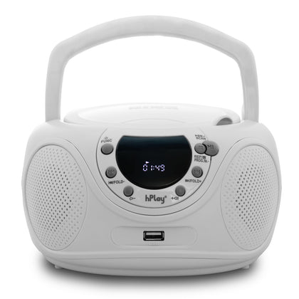 hPlay P16 front view showing speakers and disc tray, clear playback benefit