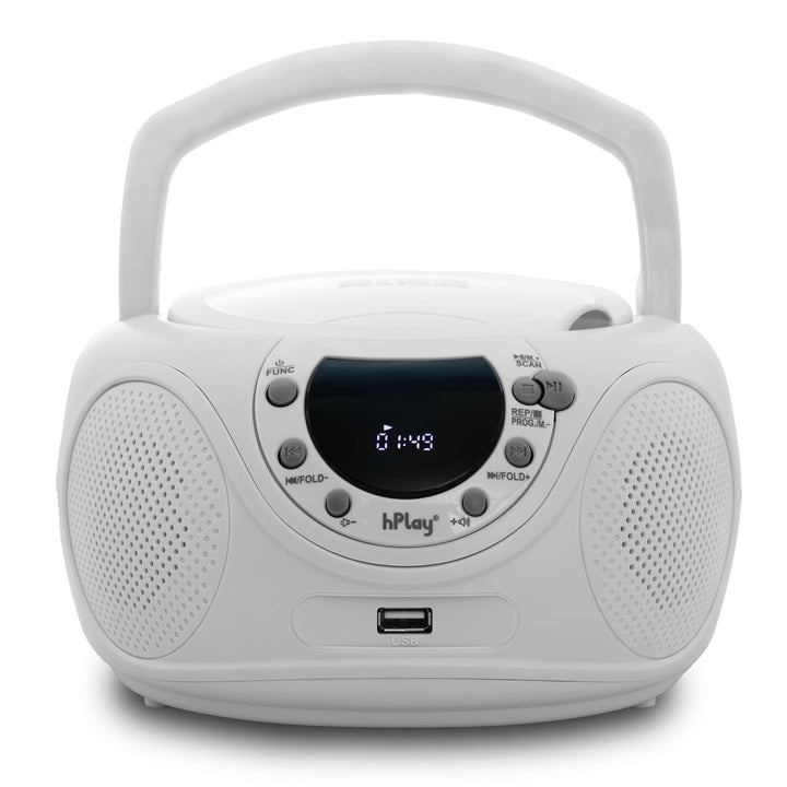 hPlay P16 front view showing speakers and disc tray, clear playback benefit