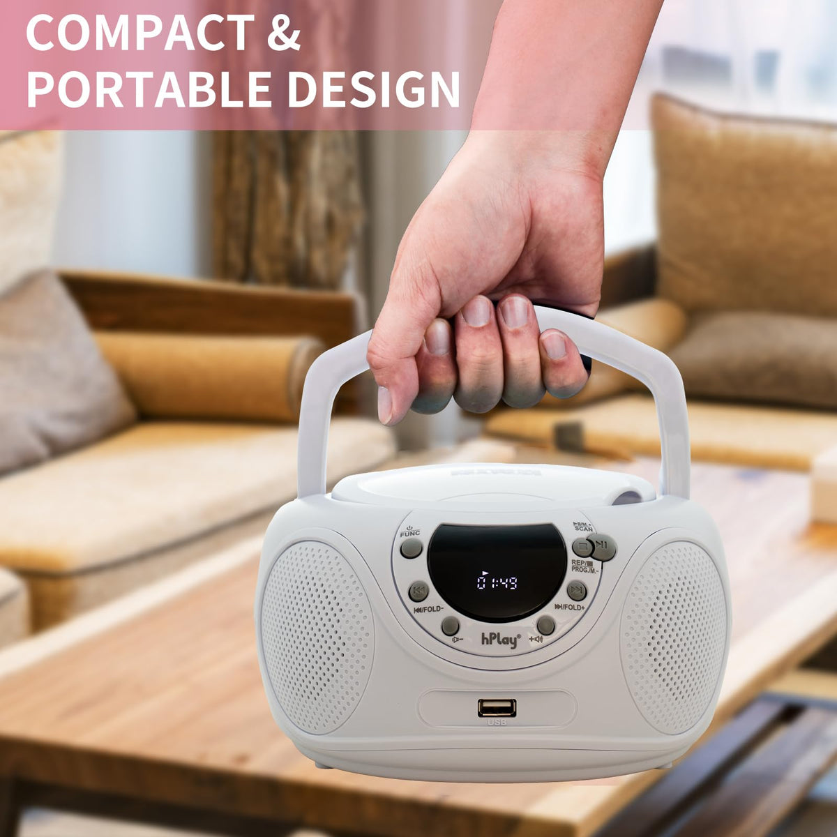 hPlay P16 side view with USB and Aux ports visible, versatile connectivity benefit