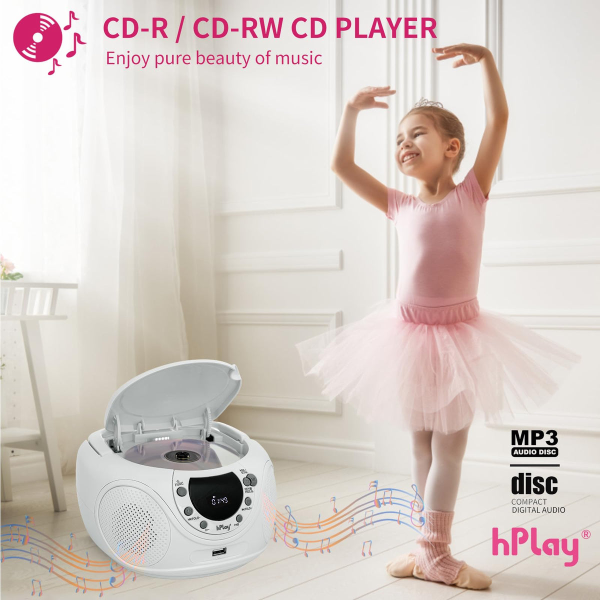hPlay P16 top-loading CD tray open demonstrating easy disc insertion benefit