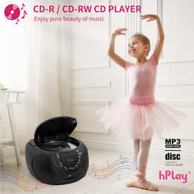hPlay top-loading CD lid open showing disc tray, easy-loading benefit