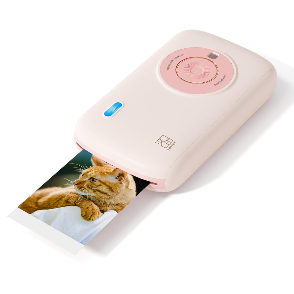 HPRT CP2100 front view showing compact pink design and quick printing benefit