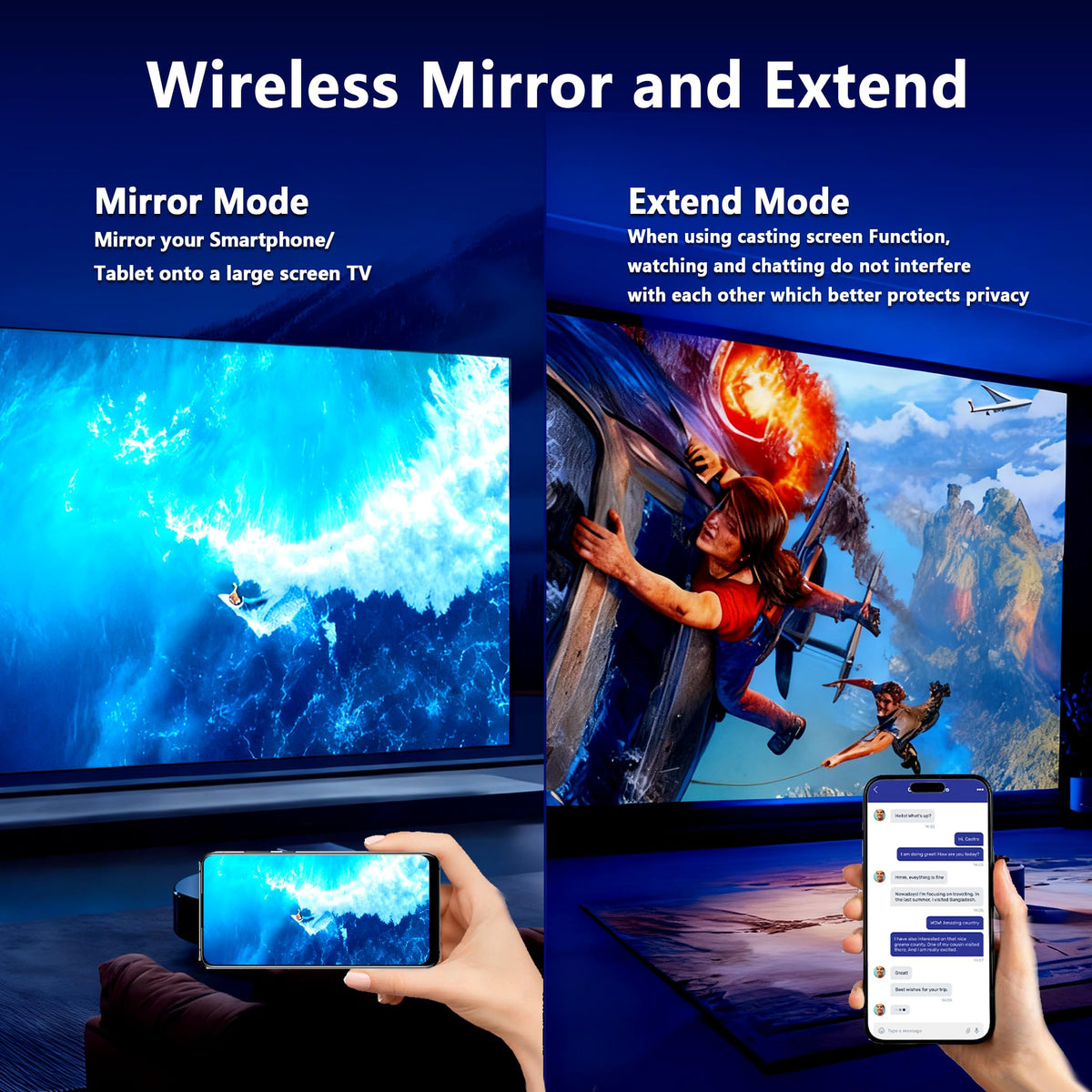 HRpart in use in living room mirroring phone to TV for bigger viewing