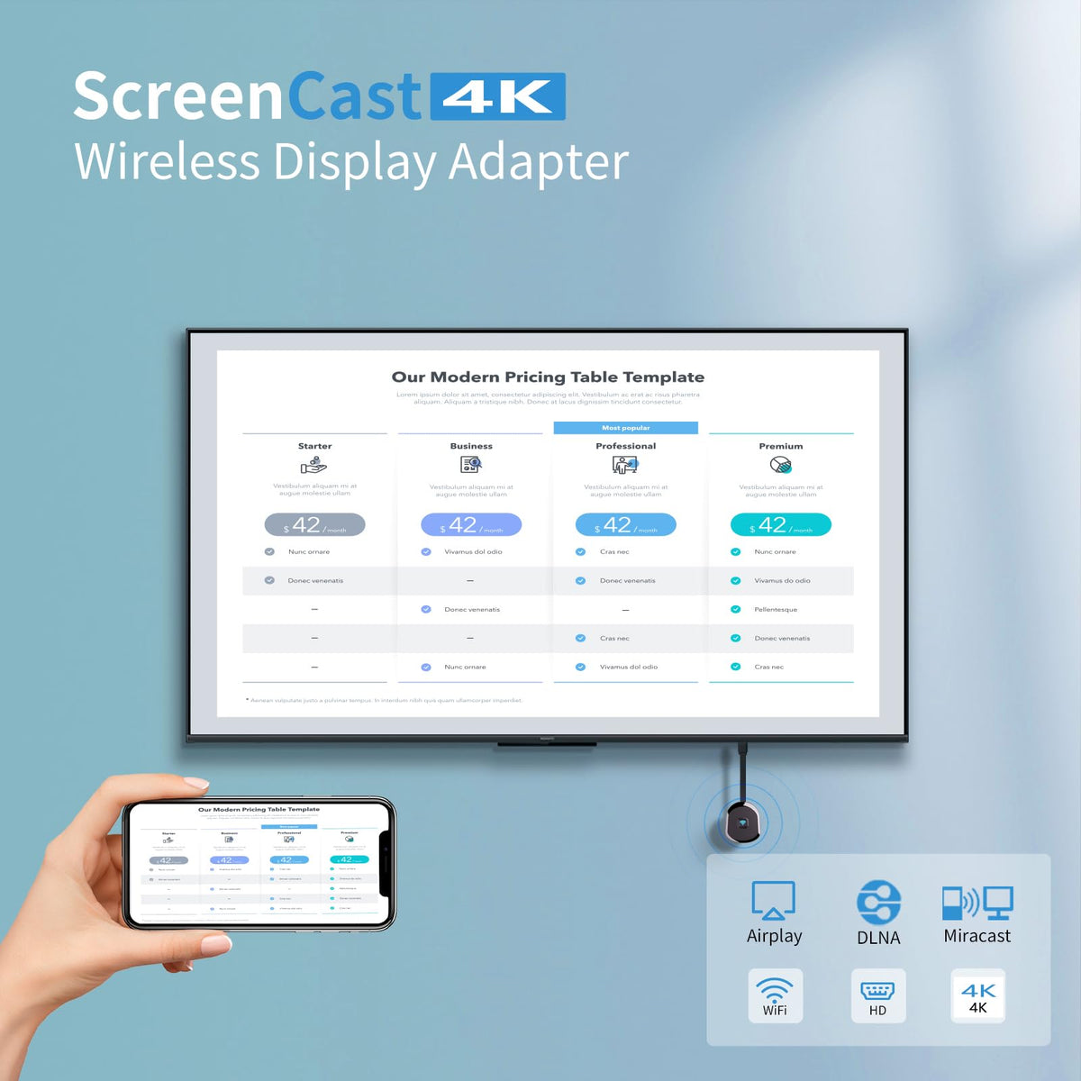 HRpart TV setup demonstrates wireless connection ready for screen sharing from devices.