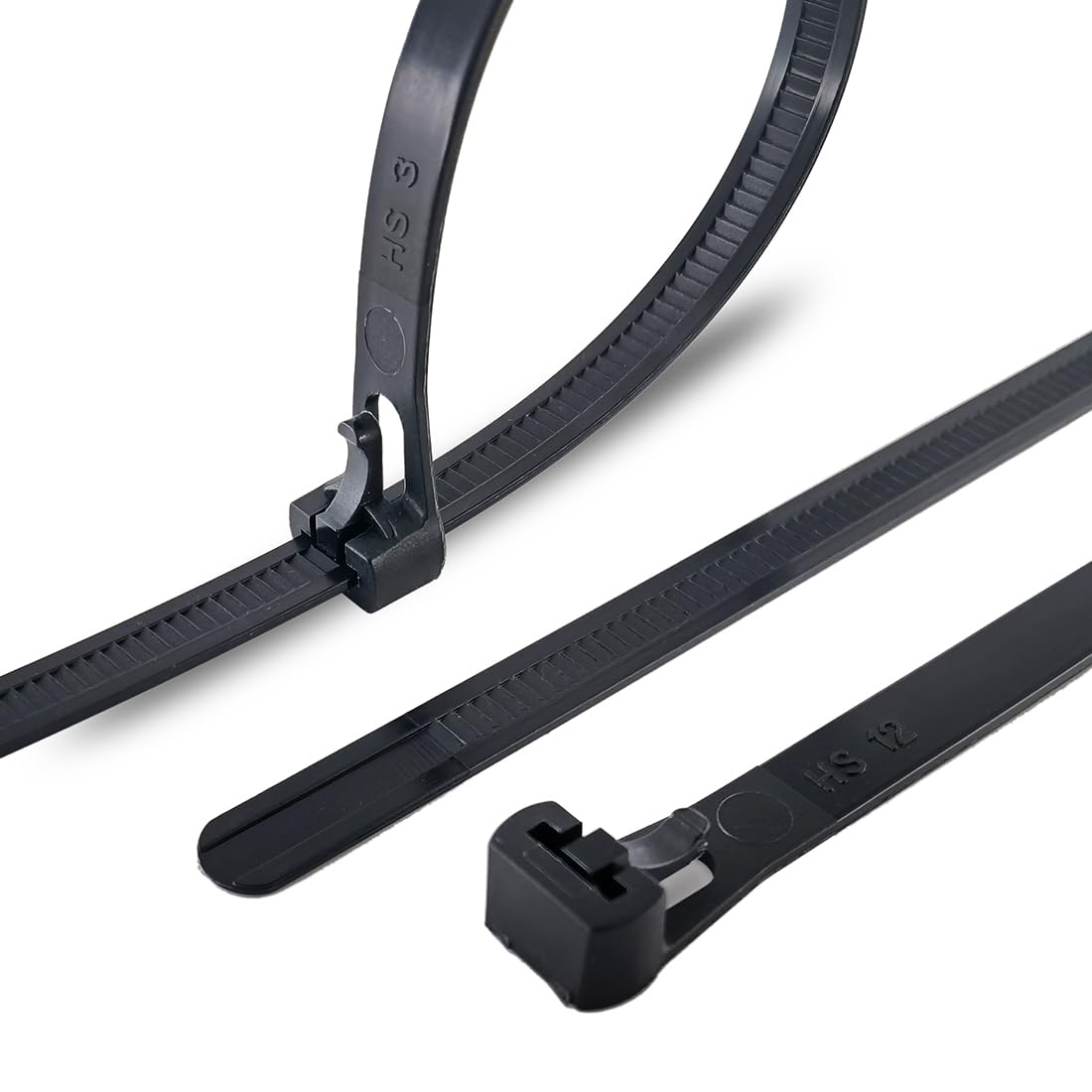 HS adjustable zip ties in black packaging for versatile cord management