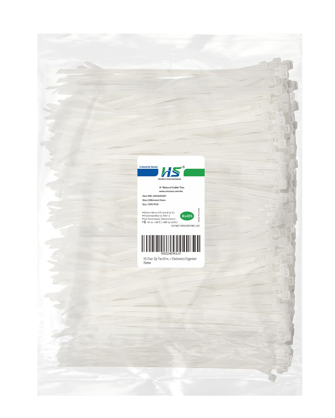 HS Clear zip tie 8-inch 1000-pack for tidy electronics and cable management.
