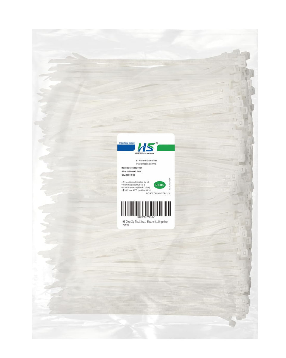 HS Clear zip tie 8-inch 1000-pack for tidy electronics and cable management.