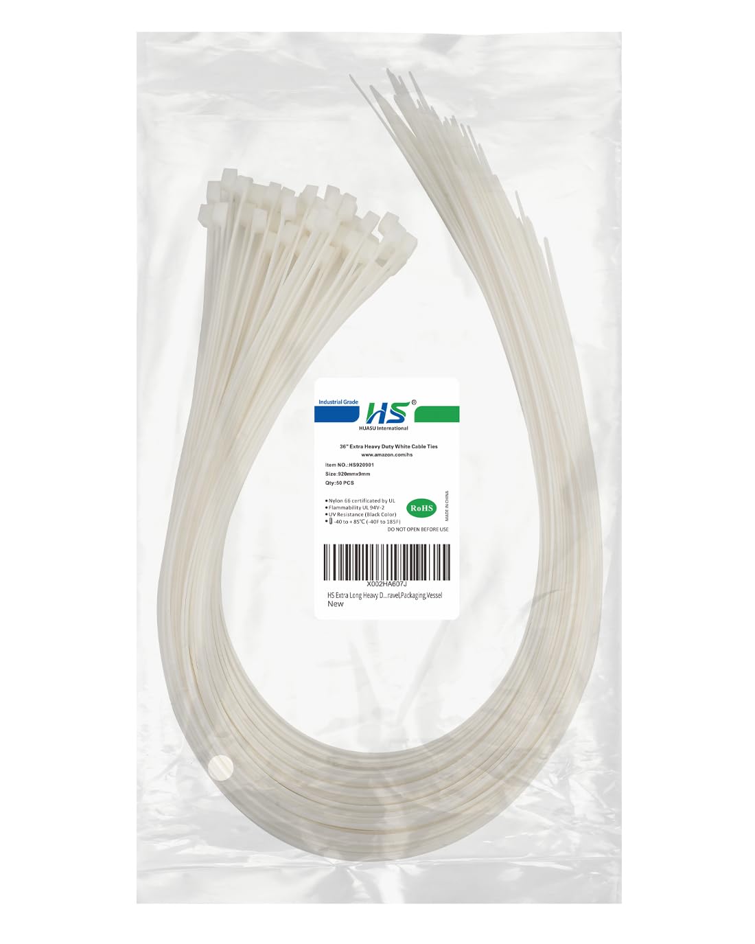 HS extra long zip tie 36in white, ideal for heavy-duty bundling