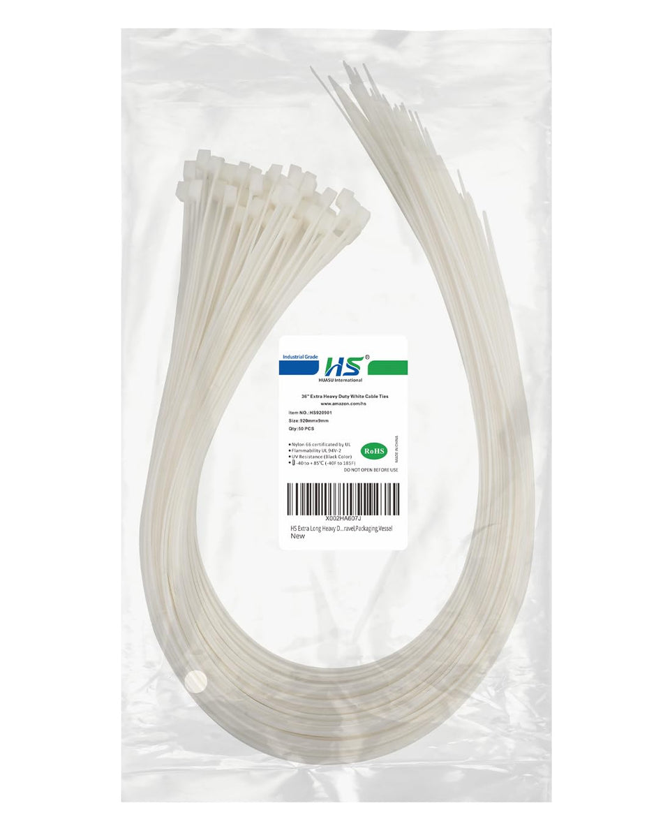 HS extra long zip tie 36in white, ideal for heavy-duty bundling