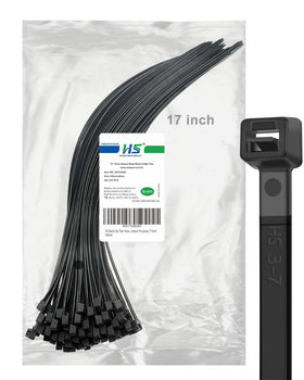 HS front packaging showing 17-inch zip ties and 100-pack durability