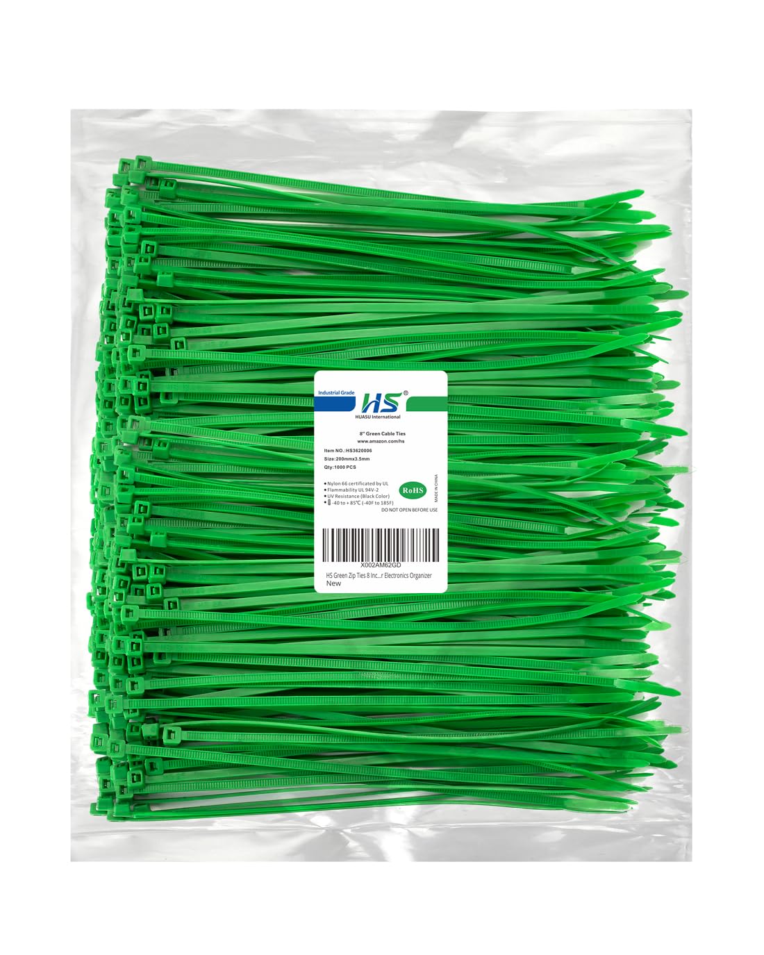 HS Green Zip Ties 8 inch closeup showing durable nylon teeth for secure bundles.