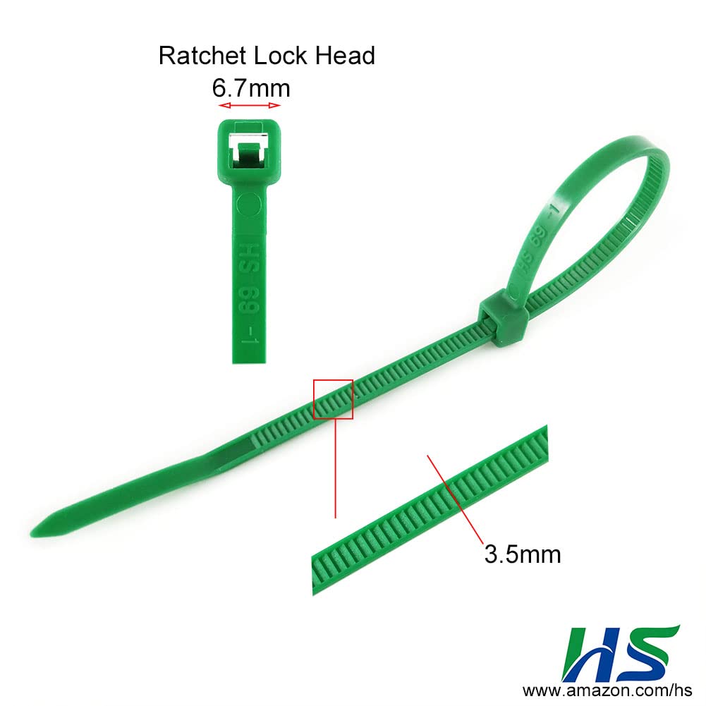 HS Green Zip Ties 8 inch bulk packaging highlights value and organized storage.